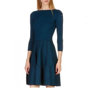 Sandro Embroidered Fit & Flare Knit Dress Petrole